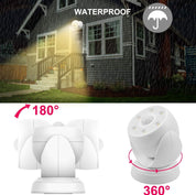 Outdoor light fixture with waterproof feature and 180-degree and 360-degree rotation capabilities.