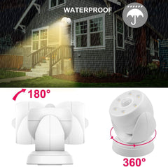 Outdoor light fixture with waterproof feature and 180-degree and 360-degree rotation capabilities.