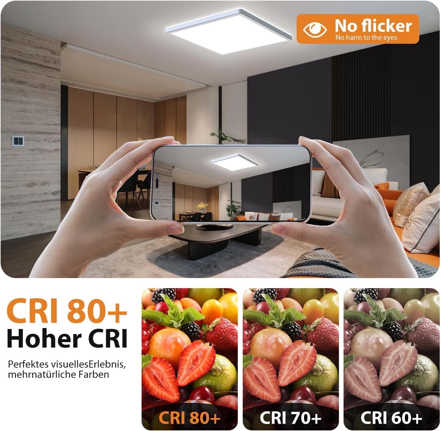 Hands taking a photo of a living room with a smartphone, featuring a LED light fixture labeled 'No flicker'. Below, images of fruits with different CRI labels.