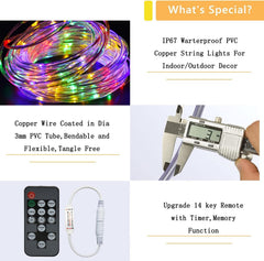 Copper wire-coated LED string lights with remote control and digital caliper for measurement.