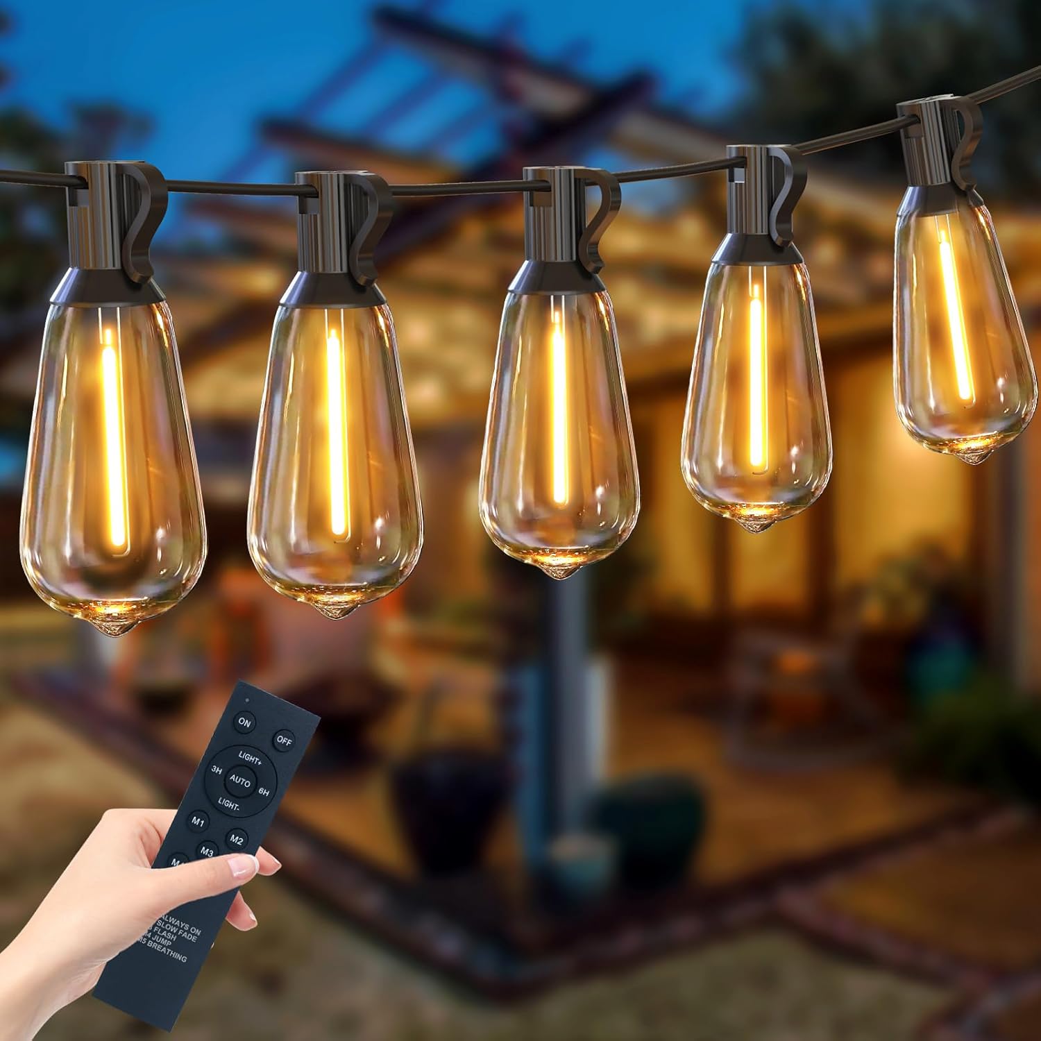 Festoon Lights Outdoor with Remote, String Lights Mains Powered Dimmable, 50+3 Shatterproof ST38 LED Bulbs, Waterproof Hanging Lights for Garden Patio Gazebo Pergola Wedding Party