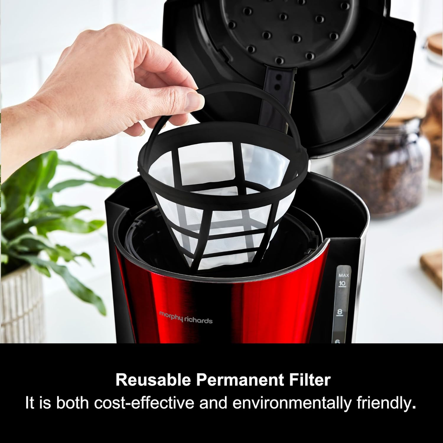 Filter Coffee Machine with Pour Over Technology, 10 Cup Capacity, Aroma Blender, Fast Brew, Anti Drip, Keep Warm Function, Easy Clean Reusable Filter, Red & Black