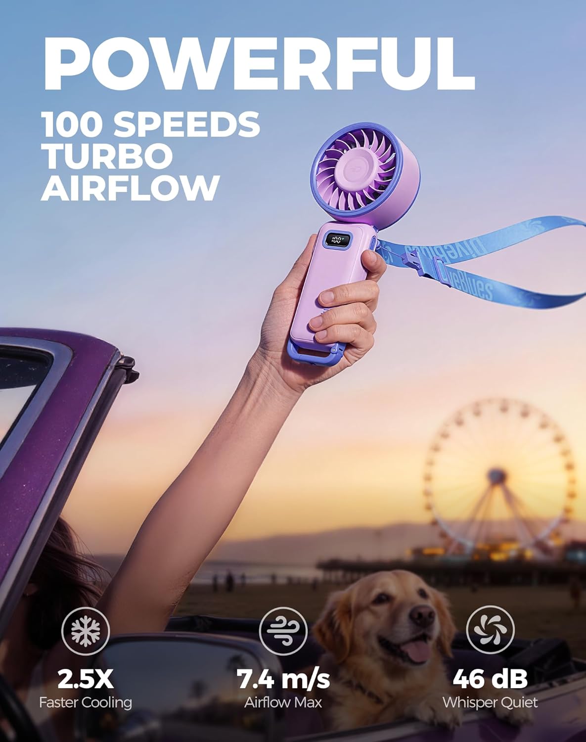 Diveblues Portable Turbo Fan, Handheld Fan 3-in-1 Neck Desk Foldable Design with Stepless Speed Control, Digital Display, USB-C Rechargeable, Up to 12H Cooling for Travel & Outdoor