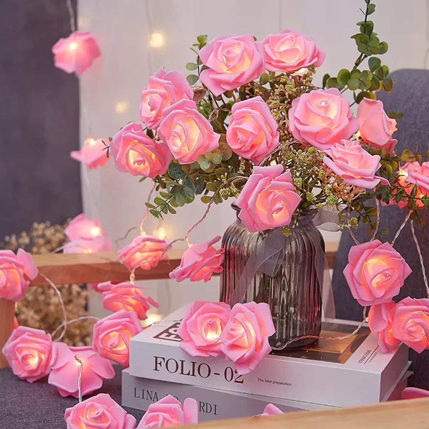 Pink Rose Flower Fairy String Lights 6M with 40 LEDs, Battery Operated Decorative Lights for Romantic Décor