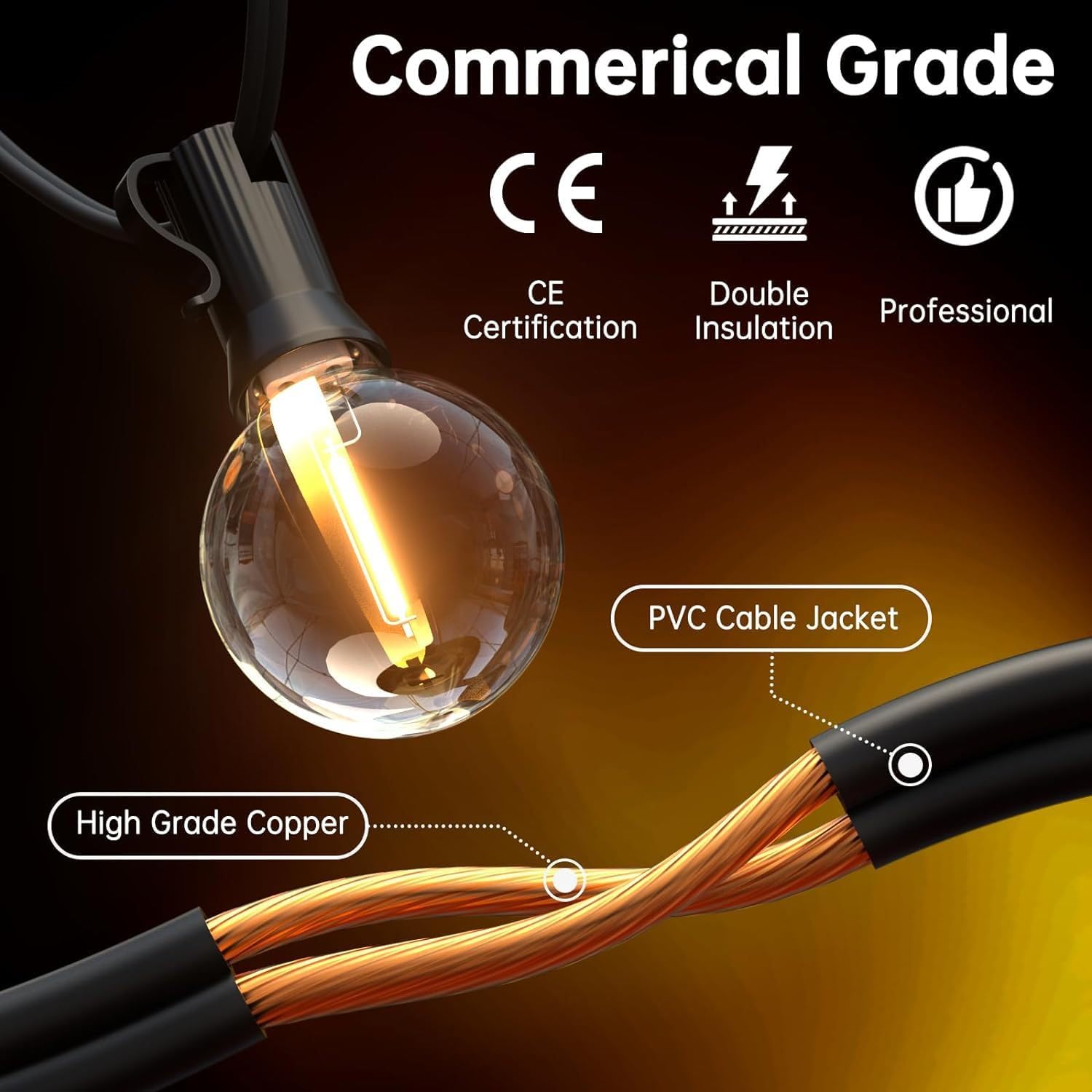 Outdoor Festoon String Lights 200FT (60M) Mains Powered, 104 LED G40 Shatterproof Bulbs, IP45 Waterproof Linkable Garden Lights