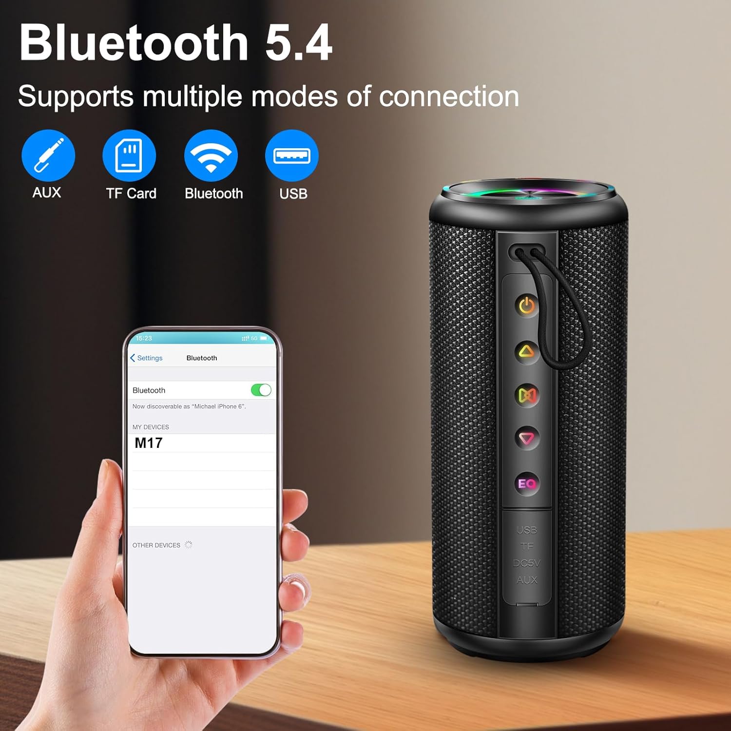 Portable Bluetooth Speaker 20W Stereo Sound, Wireless Bluetooth 5.4 Speaker with RGB Lights, TWS Pairing, EQ Modes, Mic, IP7 Waterproof Outdoor Speaker for Party, Travel, Home