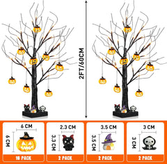 Halloween Tree Lights with Pumpkins, 2FT Black Twig LED Trees Set of 2