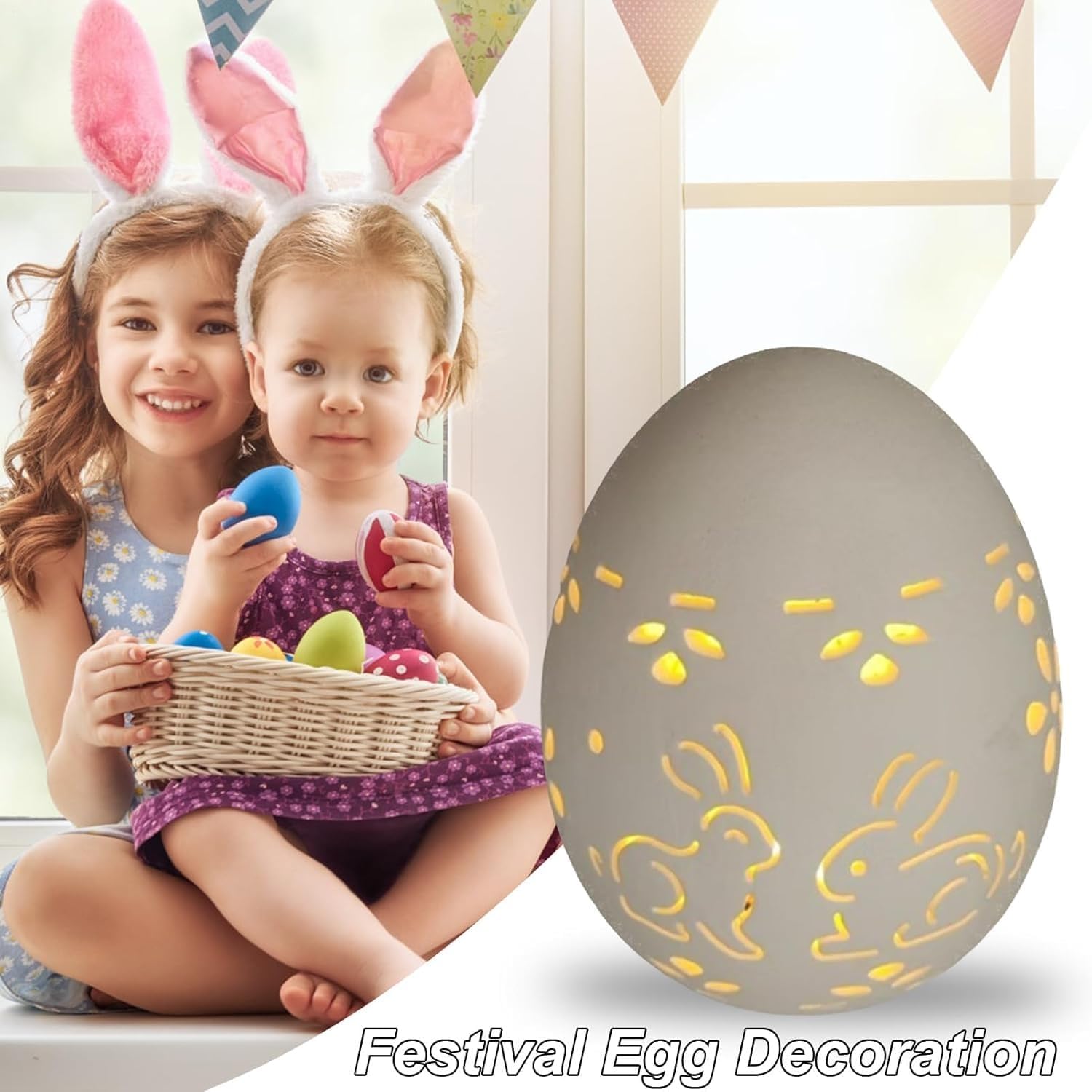 Easter Egg LED Table Lamp with Hollow Bunny Cutout – Ceramic Decorative Illuminated Egg Light