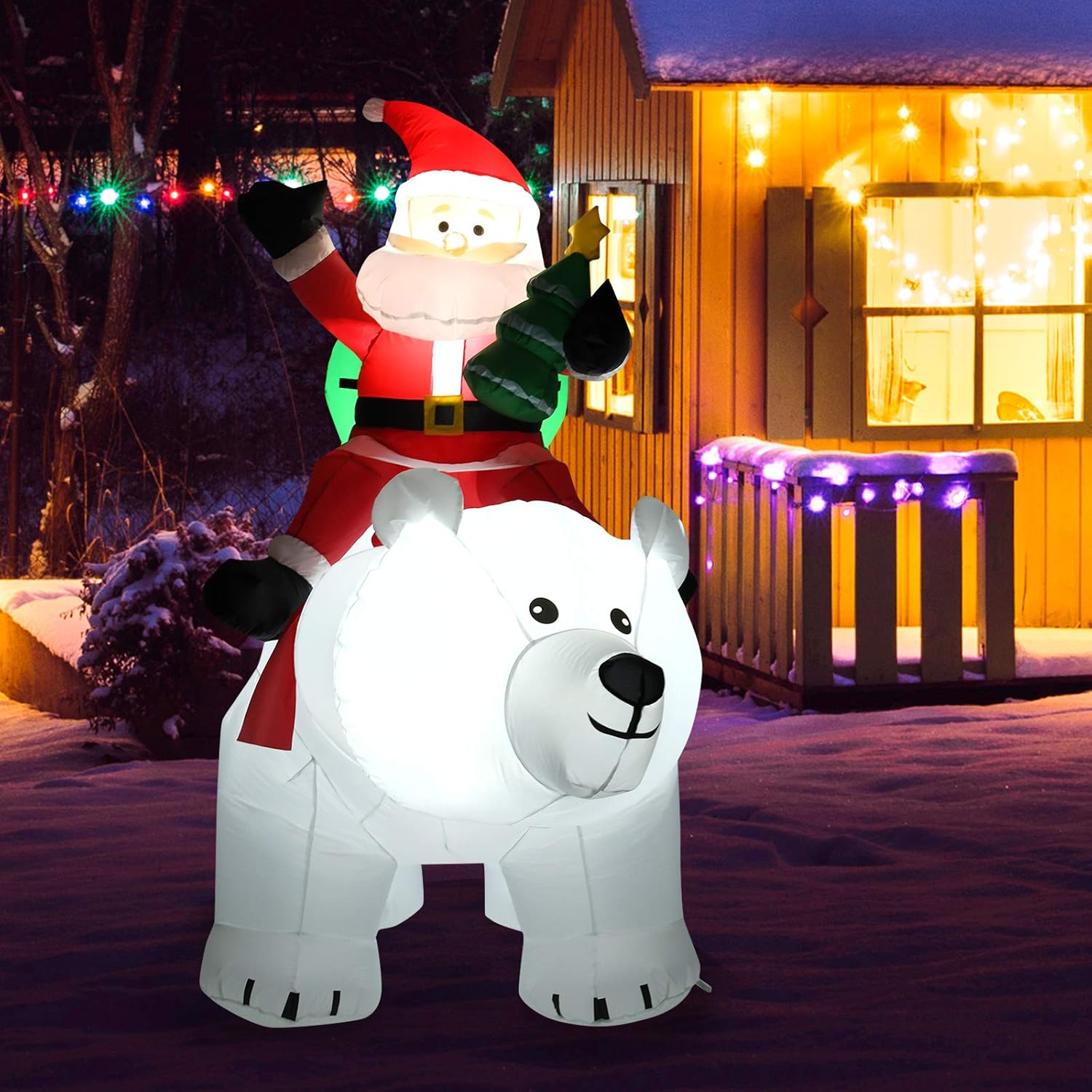 8FT Christmas Inflatable Santa on Polar Bear with Self Inflating Fan