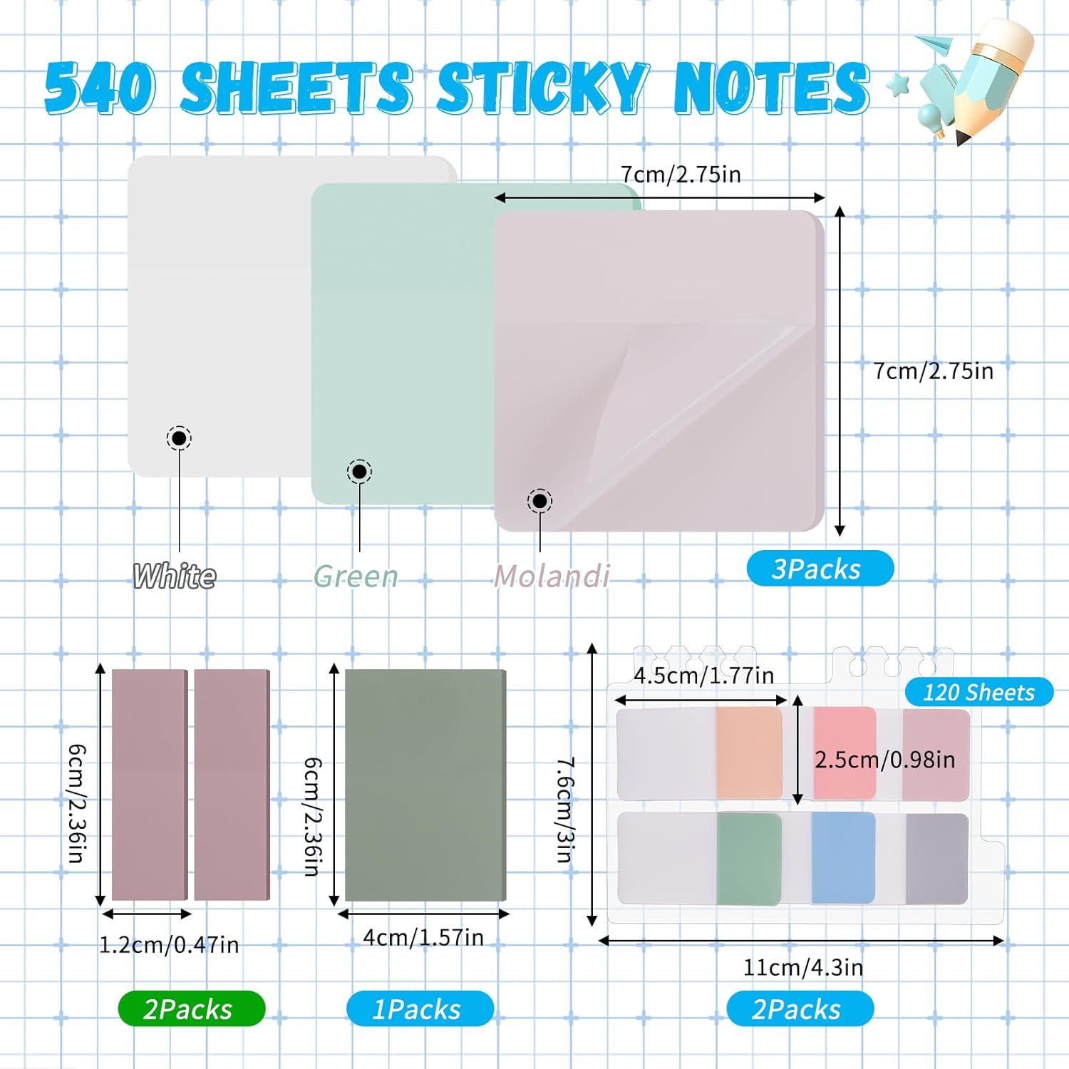 540 Sheets Transparent Sticky Notes, Pastel Clear Removable Tabs for Study & Work