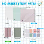 540 Sheets Transparent Sticky Notes, Pastel Clear Removable Tabs for Study & Work