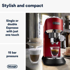 De'Longhi Dedica Style Traditional Pump Espresso Coffee Machine – 15 Bar Cappuccino & Latte Maker, 1L Red – EC685R