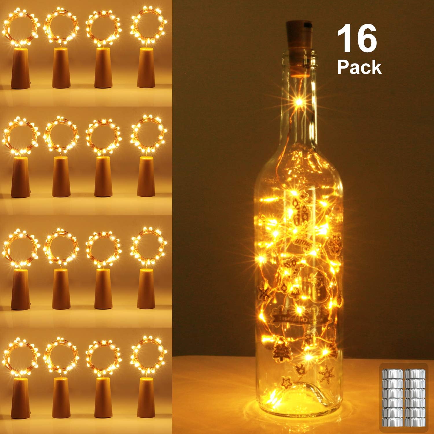 16 Pack Wine Bottle Lights with Cork, 2M 20 LED Battery Operated Fairy Lights for Bottles, Bedrooms, Weddings, (Warm White)