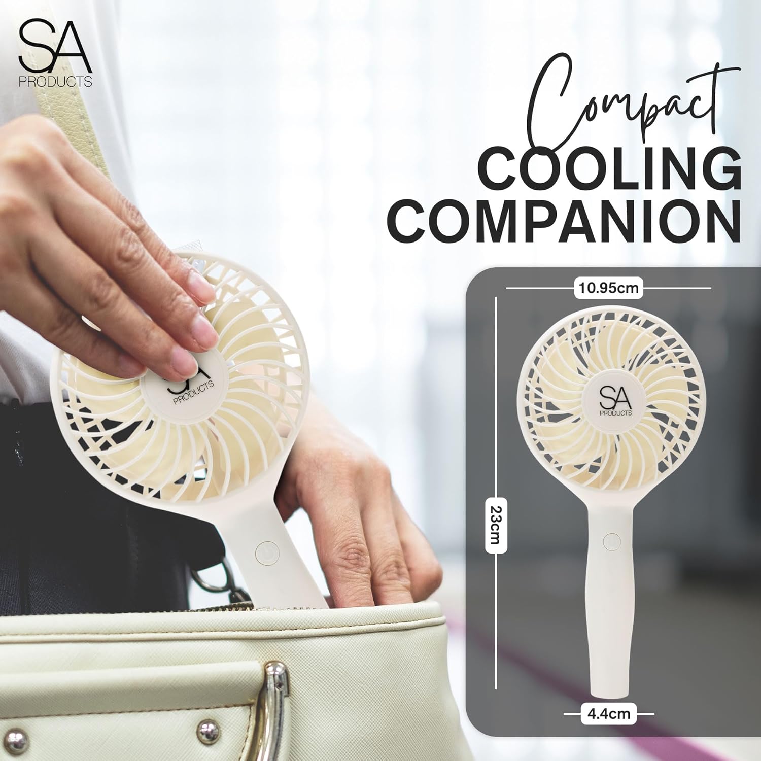 SA Products Handheld Fan with 3 Speeds | 3000 mAh USB Rechargeable Portable Mini Fan with Stand | Desk & Handheld Use – White