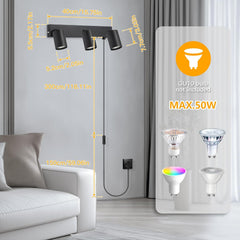 Light fixture with dimensions and GU10 bulb compatibility on a gray wall.