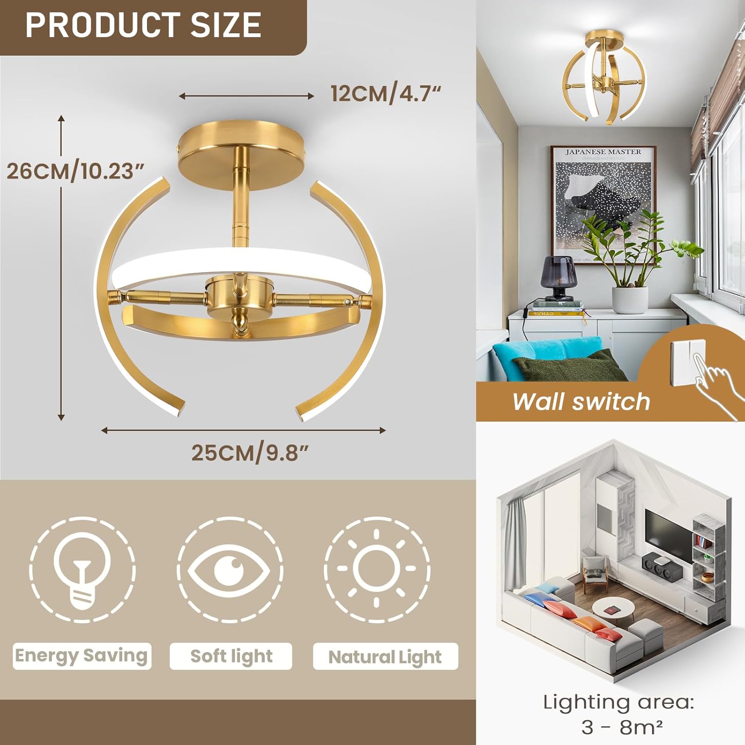 LED Ceiling Light, Elegant Gold Curved Design with 4 Strips, 22W Modern Ceiling Fixture for Hallway, Office, Bedroom, Kitchen, Living Room, Dining Room (Cool White 6000K)