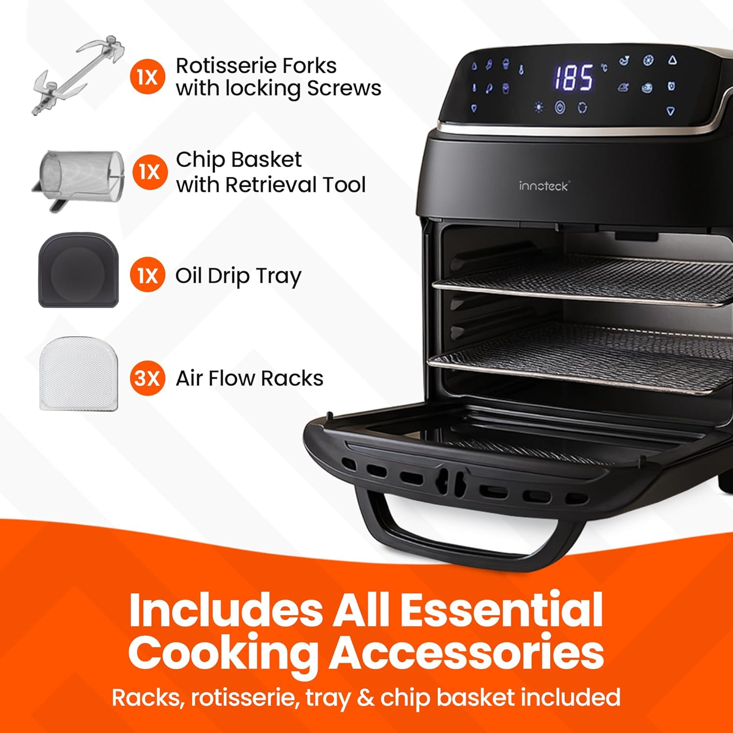 Innoteck 12L Digital Air Fryer Oven – 1800W, Rotisserie, 8 Presets, Touch Panel, Basket & Racks, Black & Silver