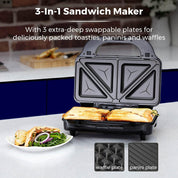 3-in-1 Deep Fill Sandwich Maker with Waffle & Grill Plates, 900W