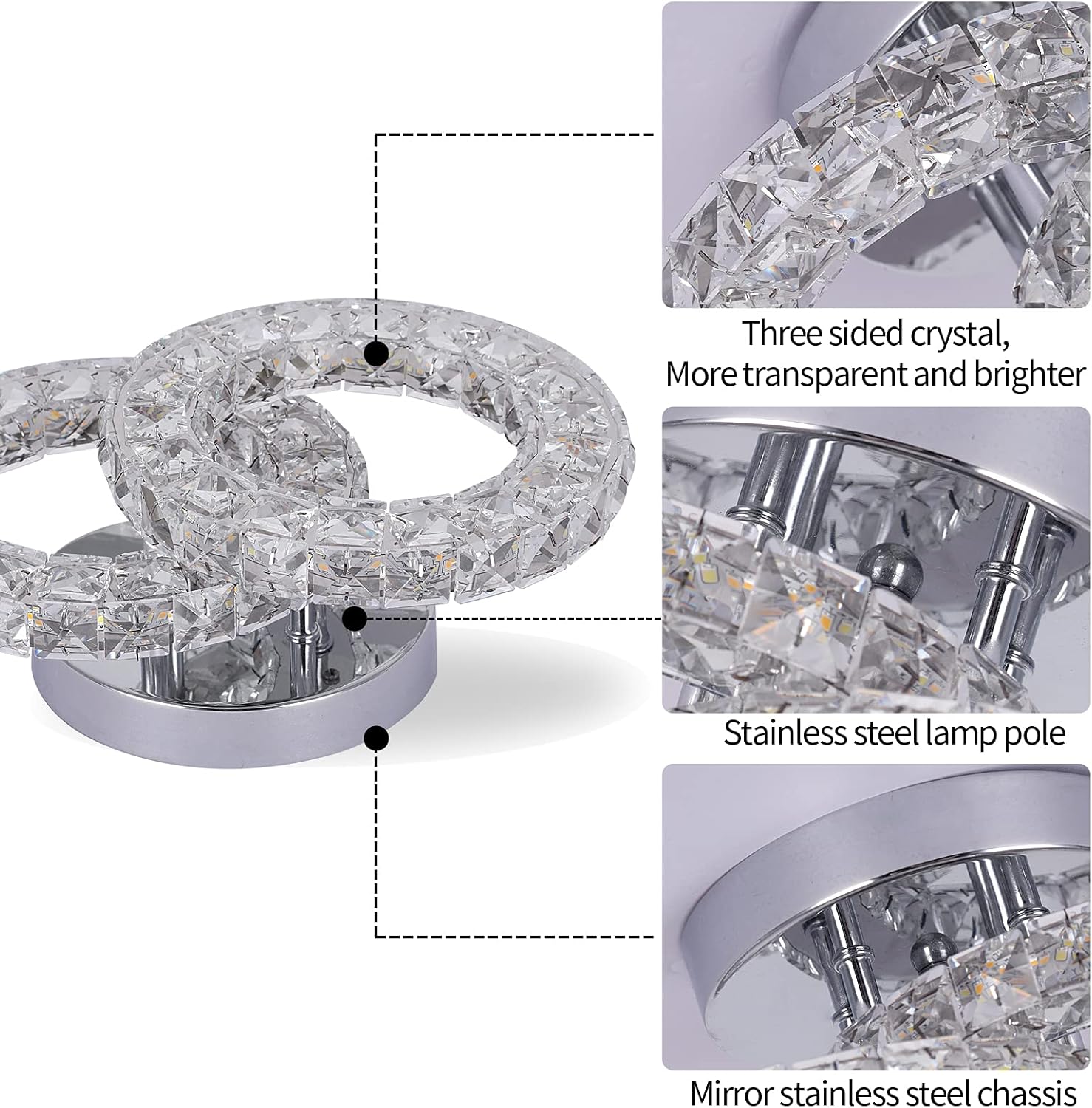 Crystal LED Ceiling Light Fixture, Modern 2-Ring Flush Mount Chandelier