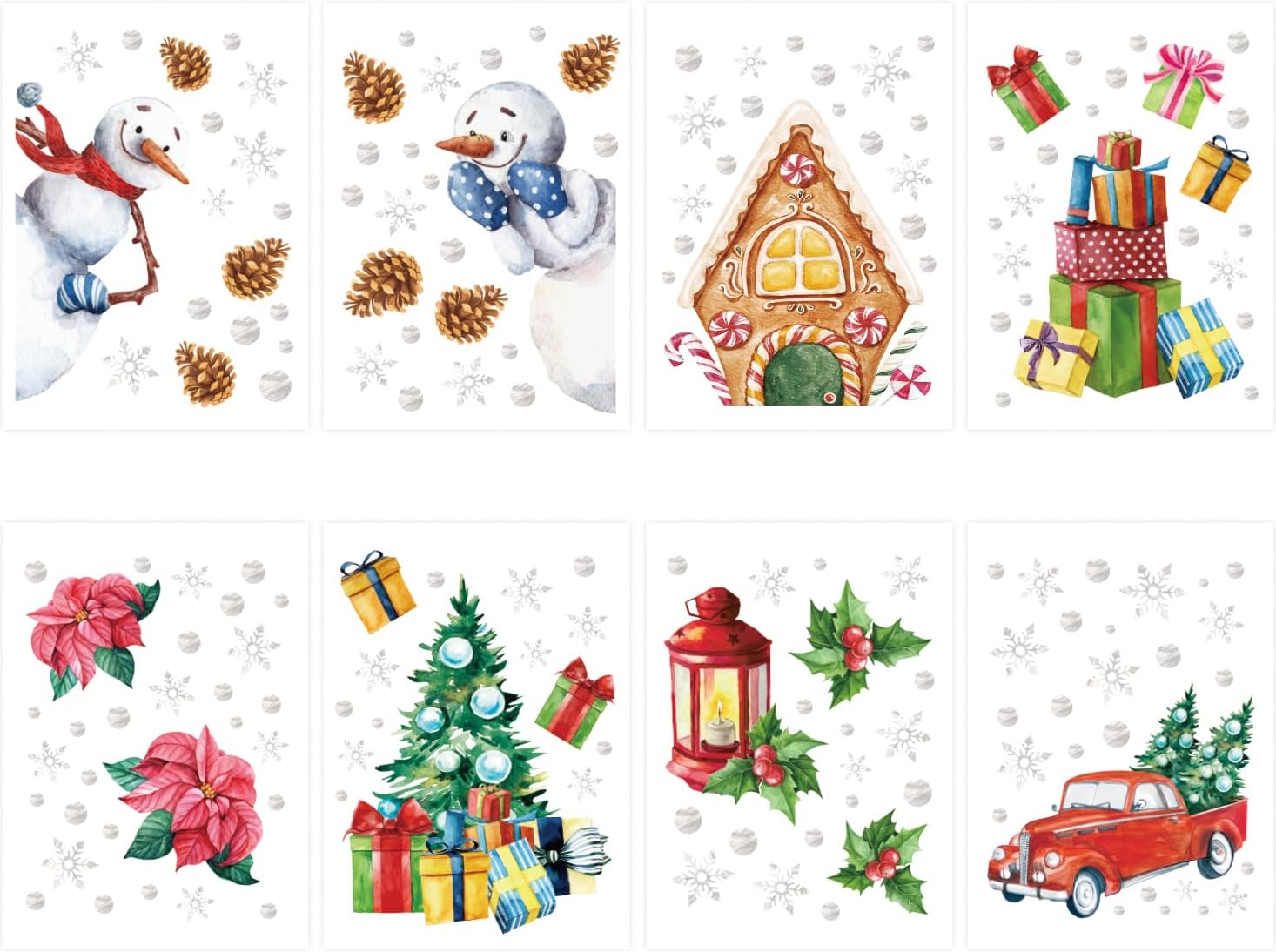 Christmas Window Stickers Set – 8 Sheets of Snowman, Santa & Gift Decals for Holiday Window Decorations
