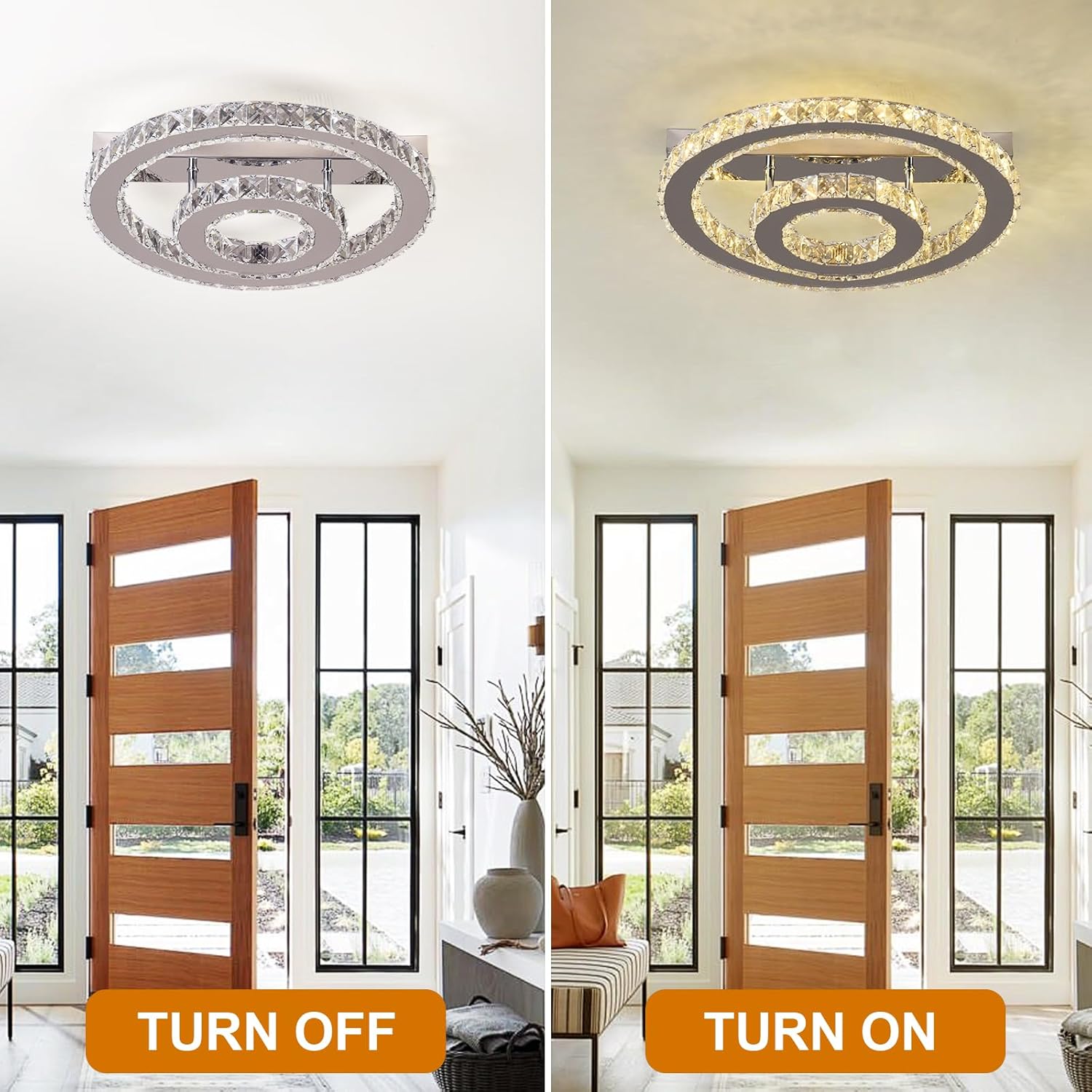 Crystal Ceiling Light – Modern LED Chandelier Flush Mount, K9 Glass Pendant, 15W, 3 Color Modes for Bedroom, Living Room, Kitchen