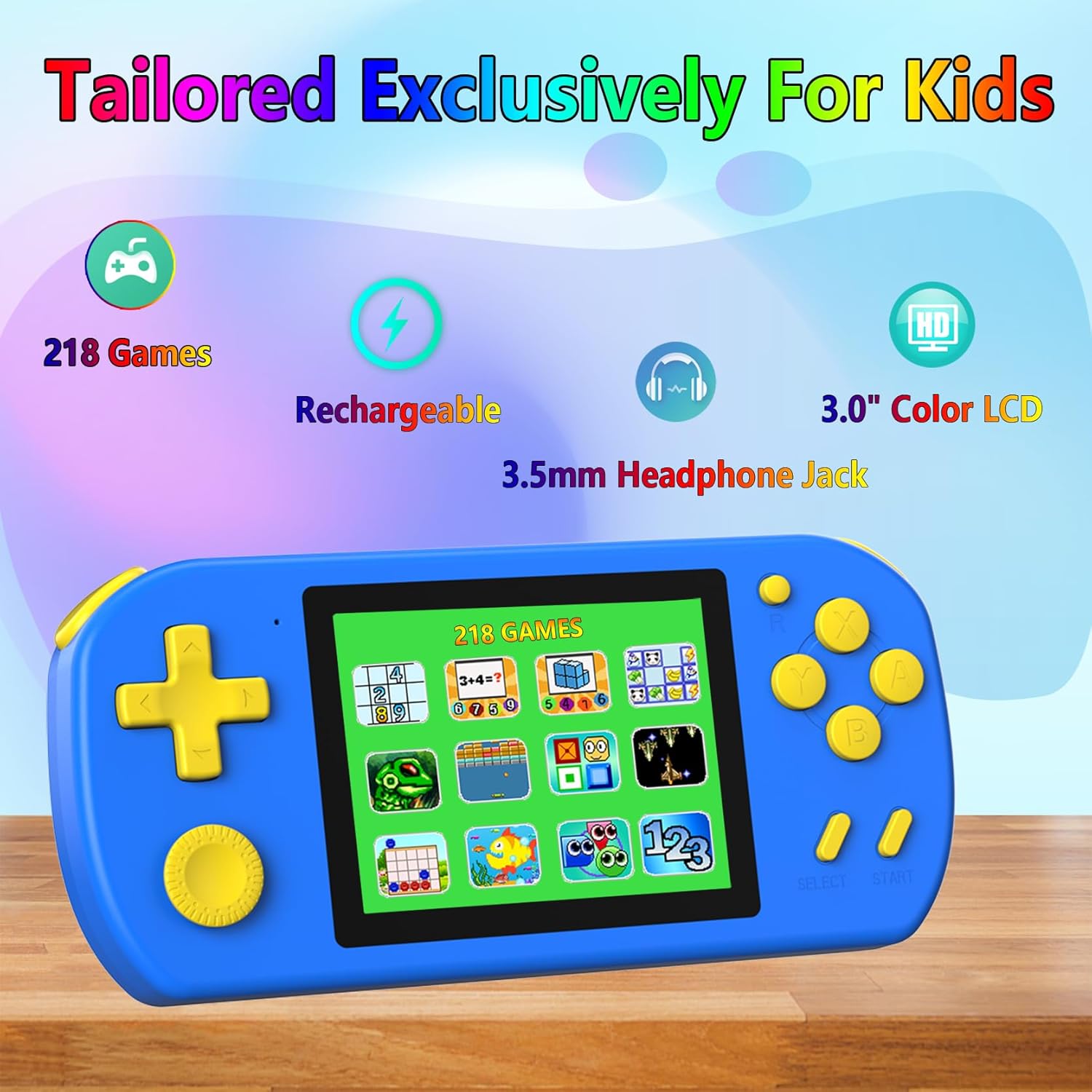 Handheld Game Console for Kids – 218 Built-in Retro Games, 3.0" HD Screen, Rechargeable