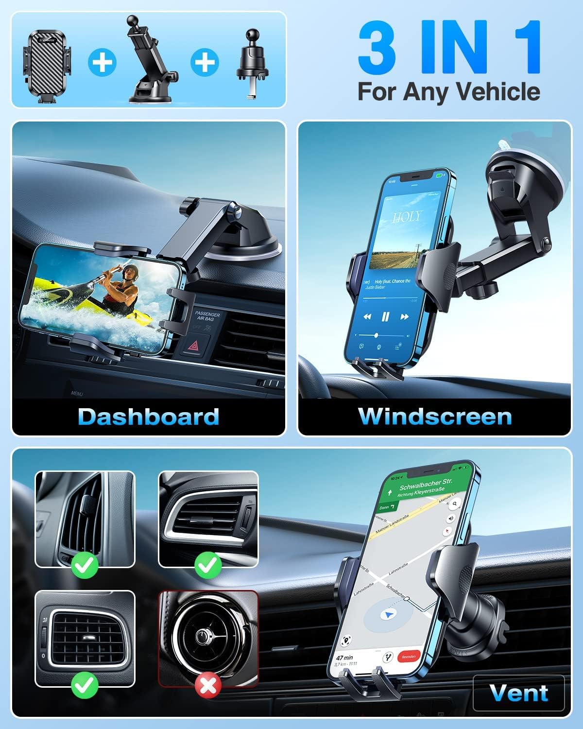 VANMASS 2025 Black Car Phone Holder with Upgraded Suction & Vent Clip