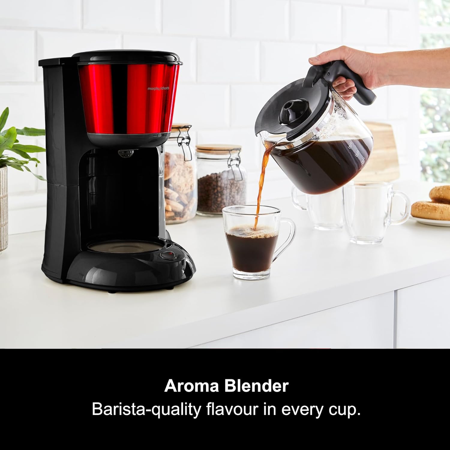 Filter Coffee Machine with Pour Over Technology, 10 Cup Capacity, Aroma Blender, Fast Brew, Anti Drip, Keep Warm Function, Easy Clean Reusable Filter, Red & Black