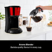 Filter Coffee Machine with Pour Over Technology, 10 Cup Capacity, Aroma Blender, Fast Brew, Anti Drip, Keep Warm Function, Easy Clean Reusable Filter, Red & Black
