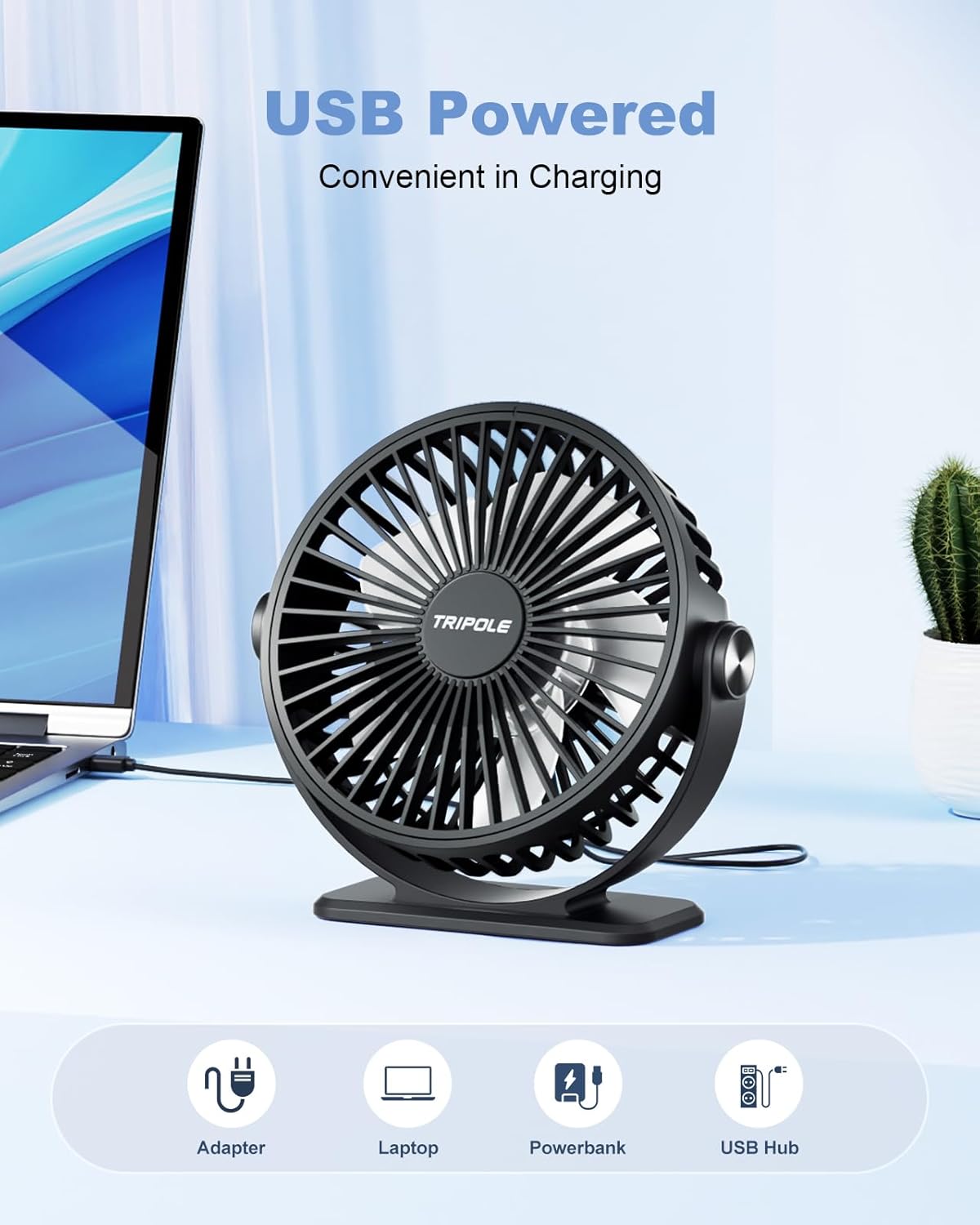 TriPole Desk Fan, Portable USB Fan 3 Speeds Adjustable Powerful Mini Fans, Ultra Quiet 360° Rotatable Table Cooling, Electric Small Fans for Bedroom, Office, Library Desktop, Travel
