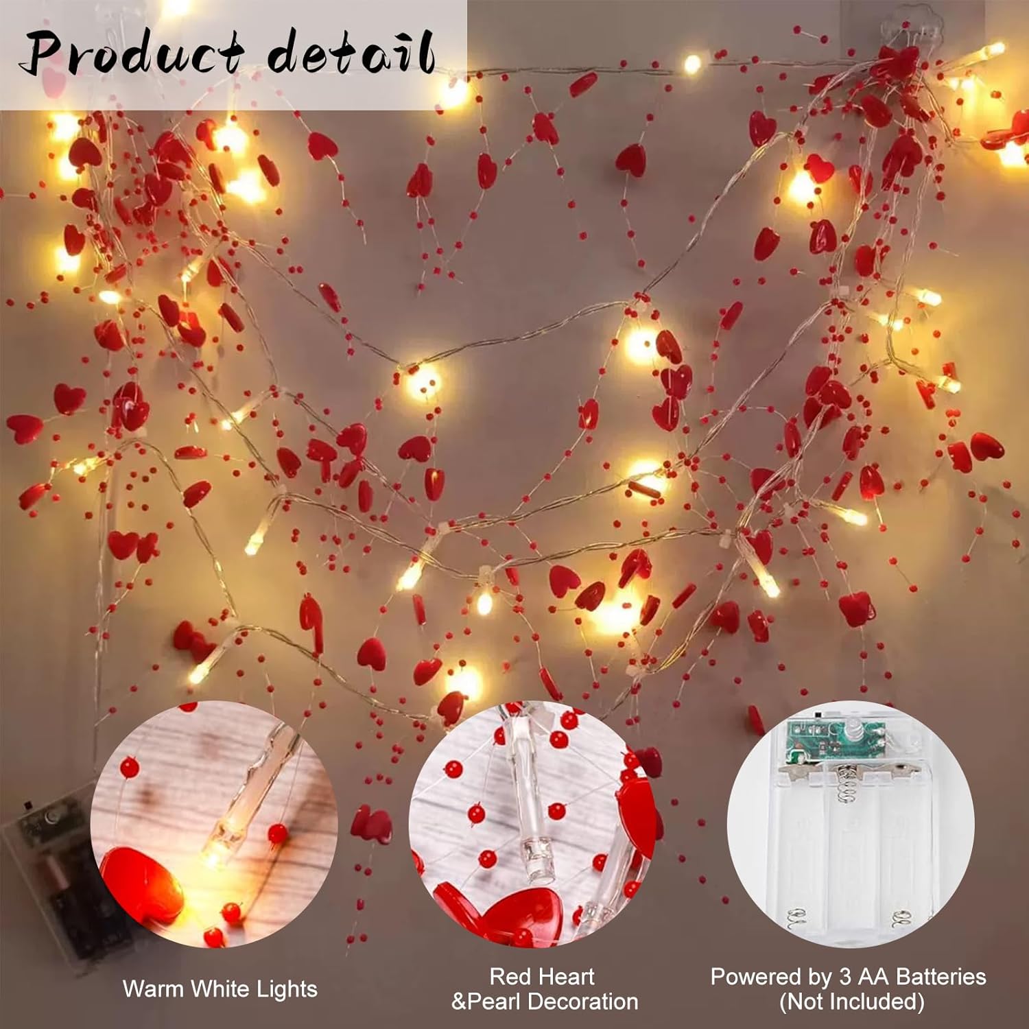Valentine Heart Fairy String Lights 10ft with Red LED Glow – Battery Powered Romantic Decor