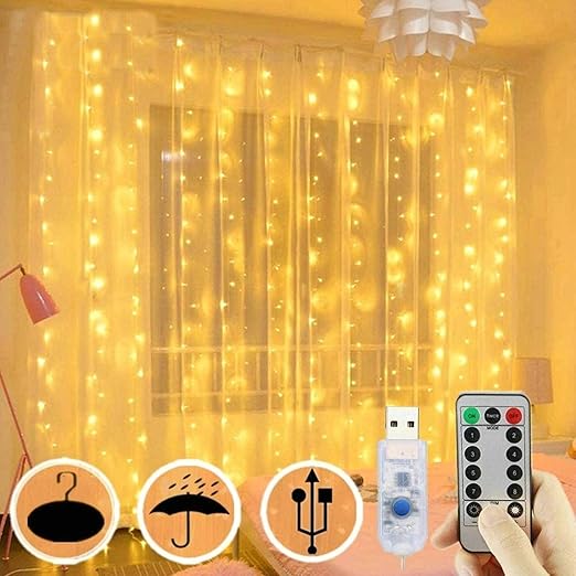 300 LED USB Curtain Lights – 8 Modes, Waterproof, Remote