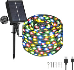 Solar Fairy Lights Outdoor Garden - 65Ft/20m 200 LED Solar Powered String Lights, USB Charging, Remote, 8 Modes Waterproof Lights for Garden, Yard, Tree Deco - Warm White