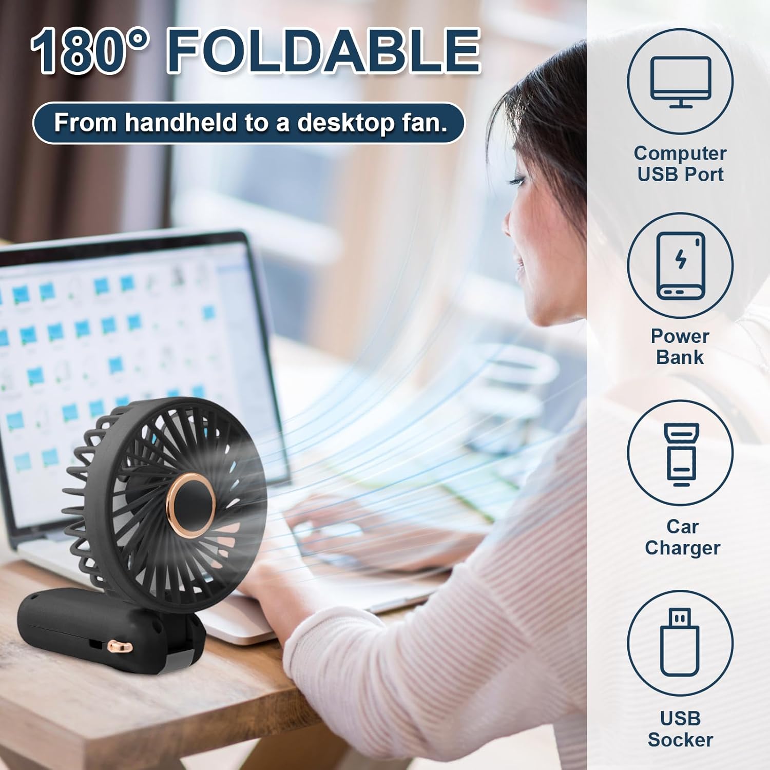 Jsdoin Handheld Fan, Portable Mini Fan with LED Display, 5-Speed Settings and Rechargeable Neck Hanging Fans for Summer Outdoor Travel Home Office (Black)