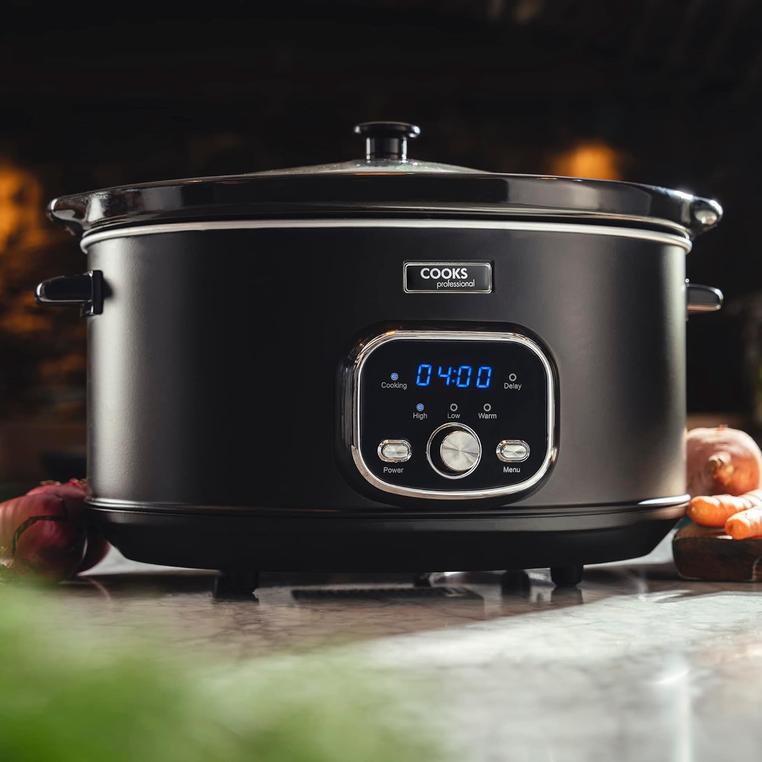 Cooks Professional 6.5L Digital Slow Cooker with Glass Lid, Cool Touch Handles, 2 Heat Settings, Keep Warm & Delay Timer – Black