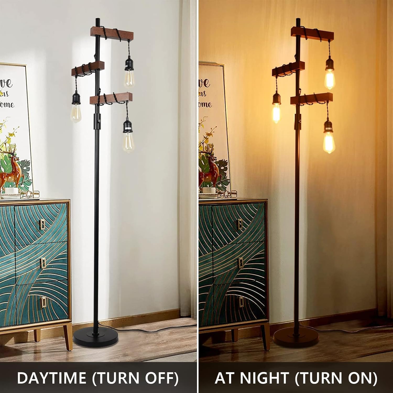 Industrial Dimmable Floor Lamp, 3-Light Wooden Standing Lamp, Vintage Tree Tall Light with E27 Sockets, Rustic Black & Brown Metal