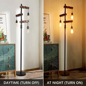 Industrial Dimmable Floor Lamp, 3-Light Wooden Standing Lamp, Vintage Tree Tall Light with E27 Sockets, Rustic Black & Brown Metal
