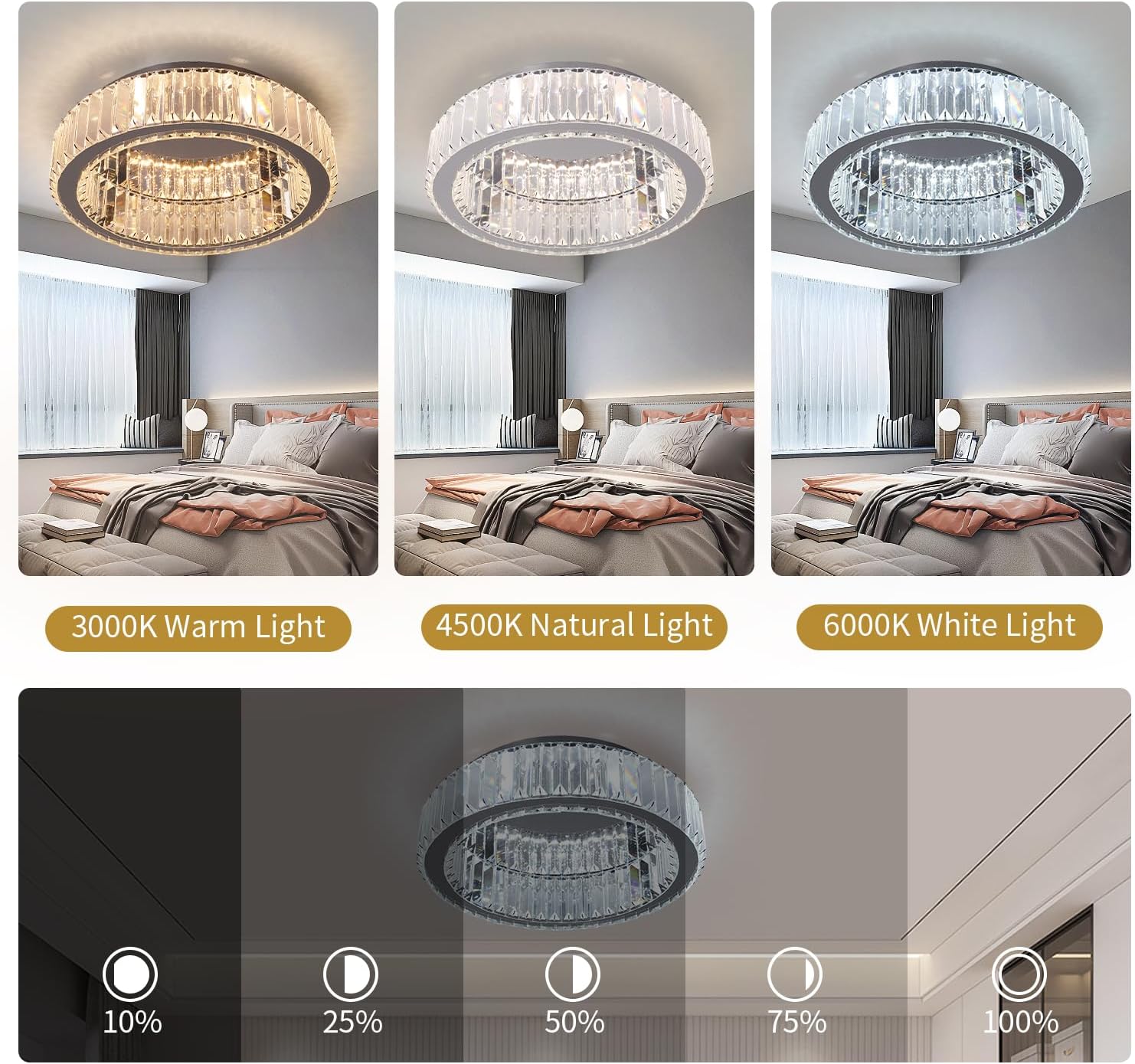 Modern Crystal Ceiling Light LED Chandelier Flush Mount with Remote