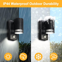 Outdoor wall light fixture with rain, snow, and sun icons indicating durability.