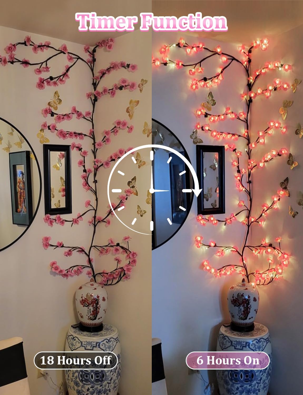 LED Cherry Blossom Vine Wall Lights with Remote and Timer, 144 LED Fairy Branch Lights for Bedroom Wall Art and Indoor Christmas Décor