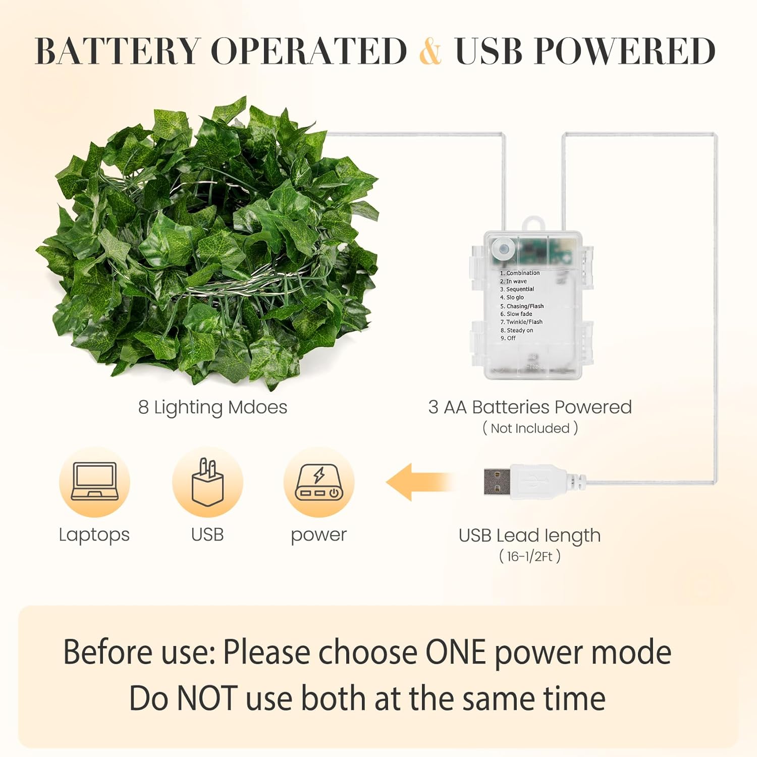 Artificial Ivy Vine Fairy Lights with Remote, 100 LED Warm White Battery and USB Powered Garland for Indoor and Outdoor Wall Décor
