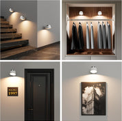 Collage of interior design elements including wall lights, a coat rack, a door with a plaque, and a framed picture.
