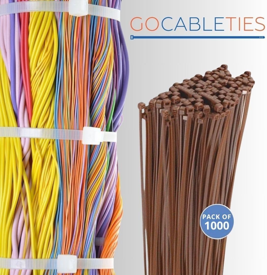 Gocableties Brown Cable Ties, 300mm x 3.6mm, Bulk Pack of 1000, 12” Premium Nylon Zip Ties, Multi-Purpose Plastic Tie Wraps, Secure Self-Locking Mechanism, for Home, Garden, Office and DIY