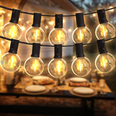 DSLebeen Festoon Lights 50ft LED String Lights Mains Powered with 27+3 Plastic G40 Bulbs 2700K Connectable