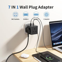 3-Way Plug Extension Socket with 4 USB Ports, 13A 3250W Multi Plug Adapter