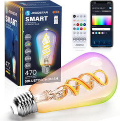 Aigostar Mesh-Bluetooth Smart Bulb LED 4.9W 420LM Warm White 2700K Dimmable RGB E27 ST64, Compatible with Alexa