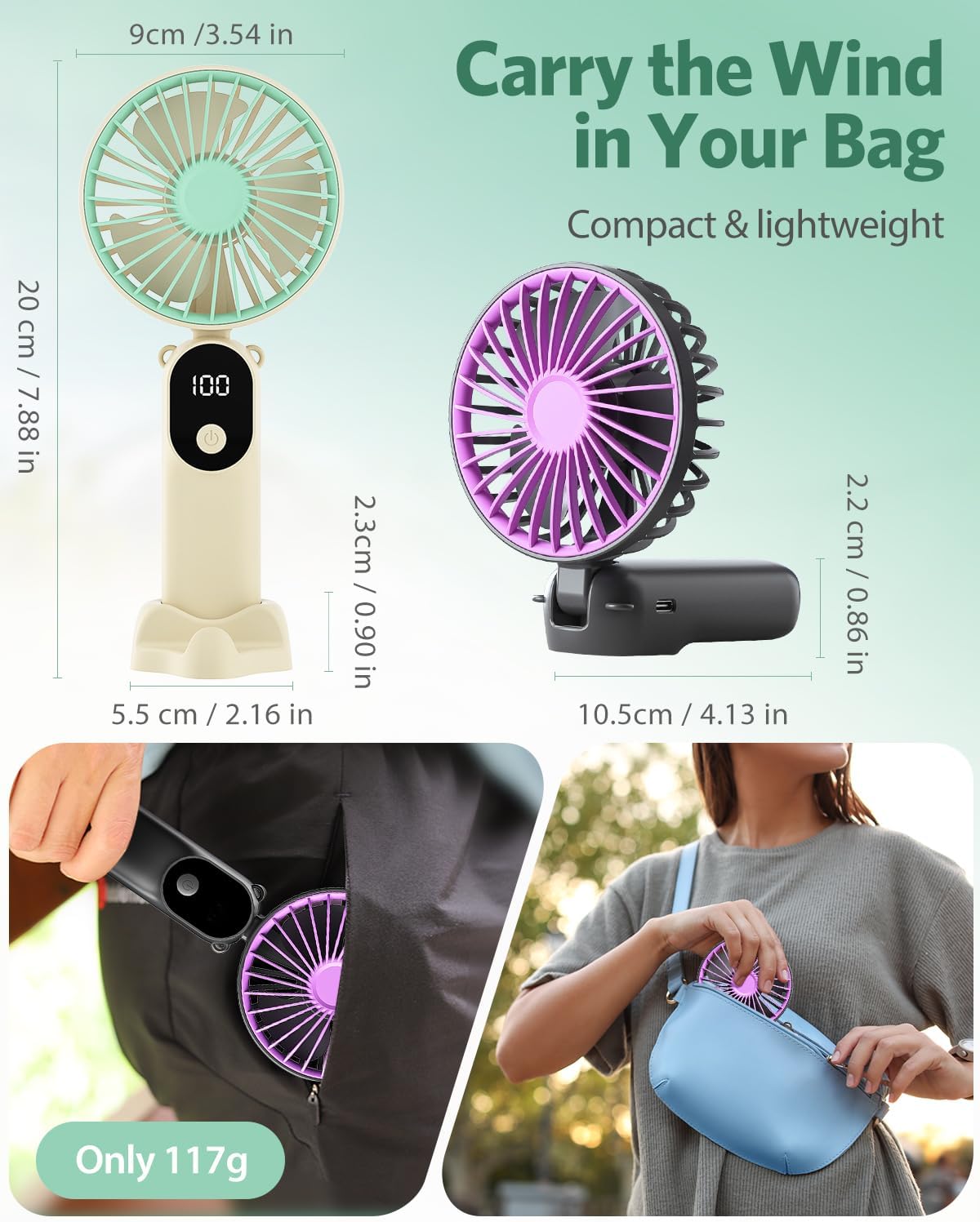 2 Pcs Portable Handheld Fans, Mini USB Rechargeable Fans with Neck Strap & Detachable Desk Base, 90° Foldable, 6 Speeds, Hand Held Fans for Outdoor, Home, Office, Travel, Camping&Commute