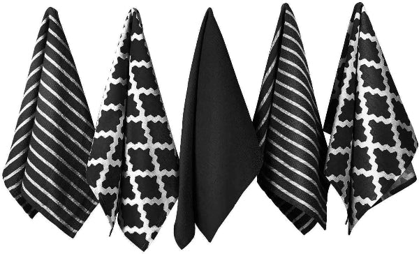 Premium 100% Cotton Kitchen Tea Towels – Soft, Durable & Washable Set of 5, Black