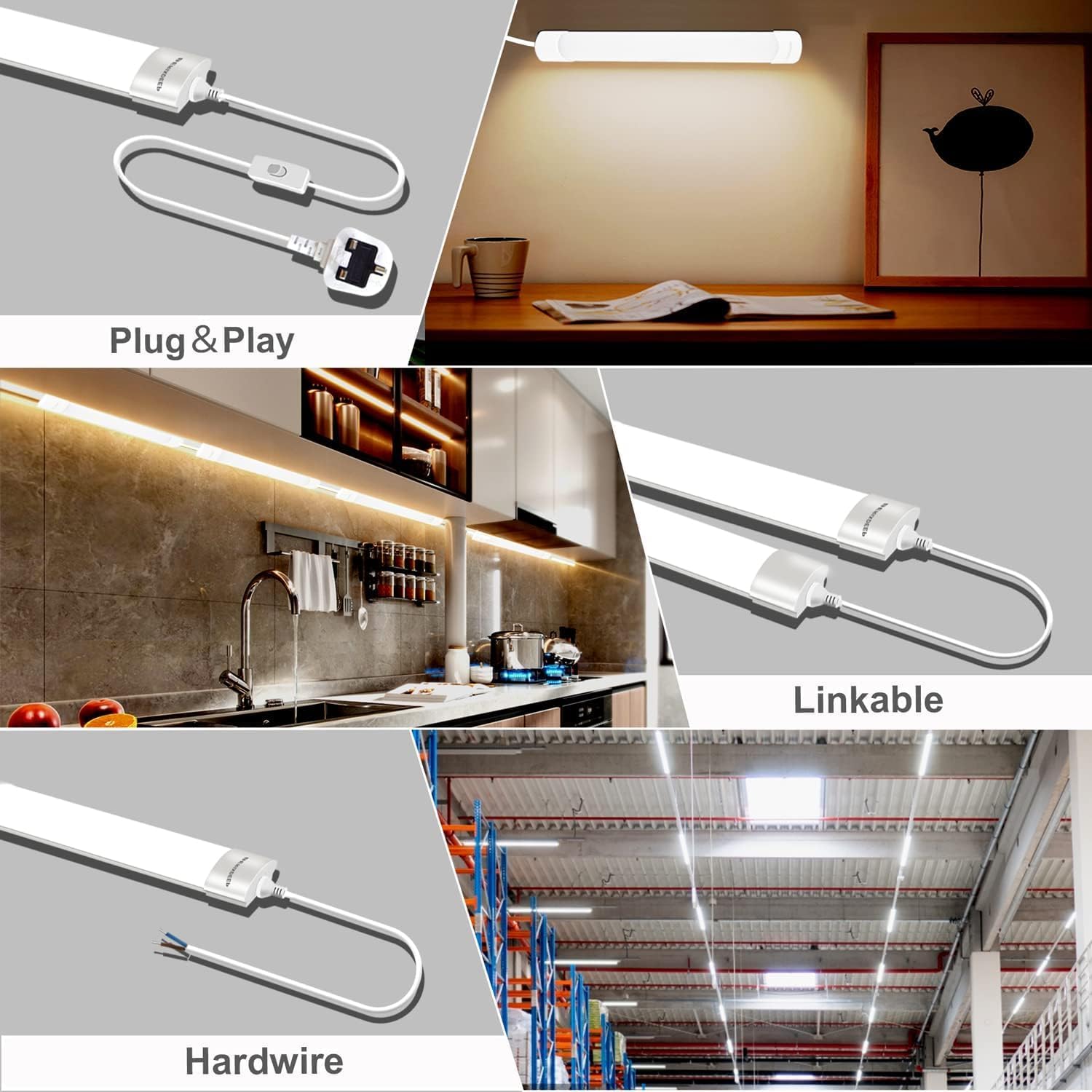 2FT LED Batten Light 6500K Daylight Plug-in Linkable Waterproof Fixtur ...