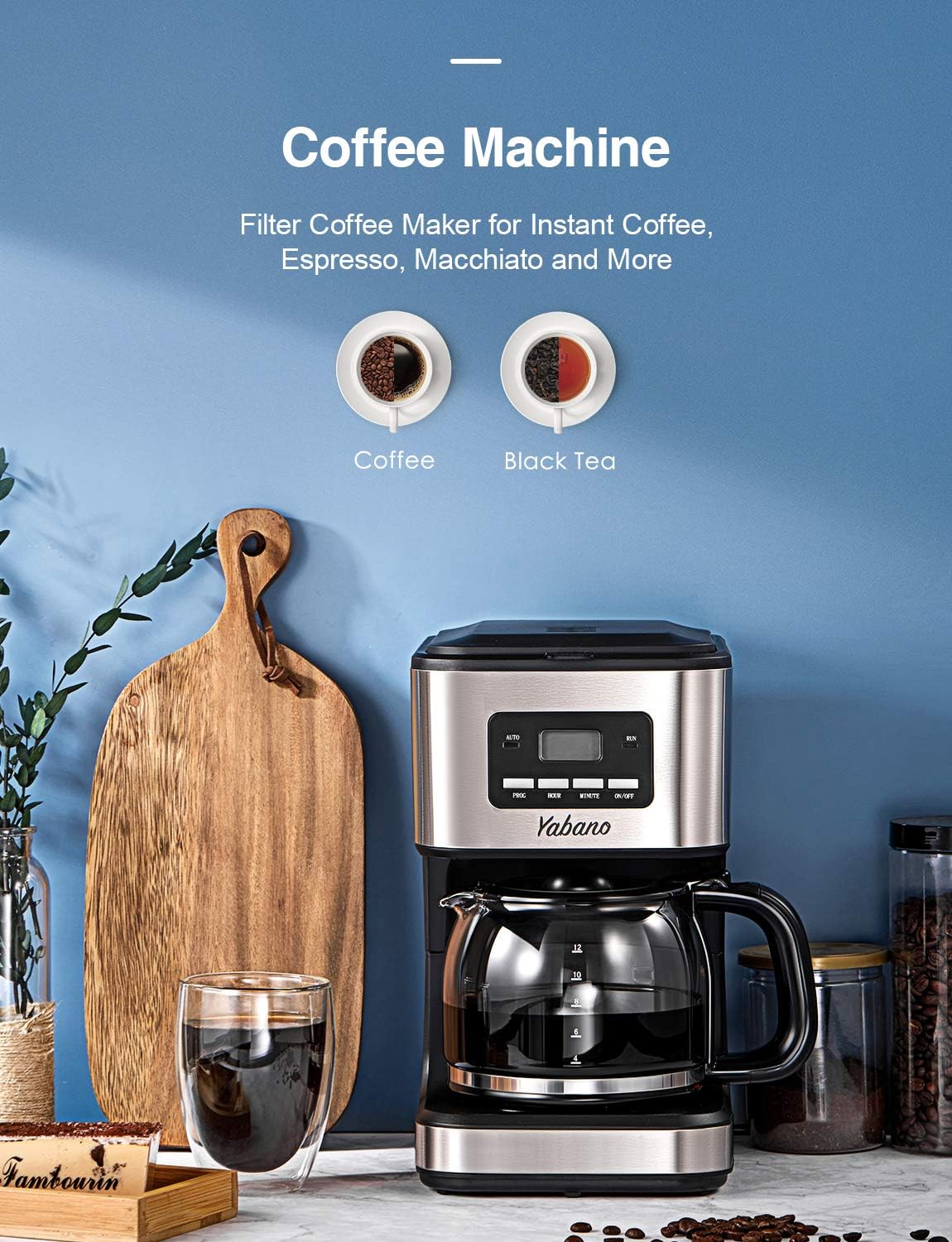 Yabano Drip Coffee Maker: 12 Cup, Programmable Timer, Fast 900W Brewing, 40 Min Keep Warm, Reusable Filter